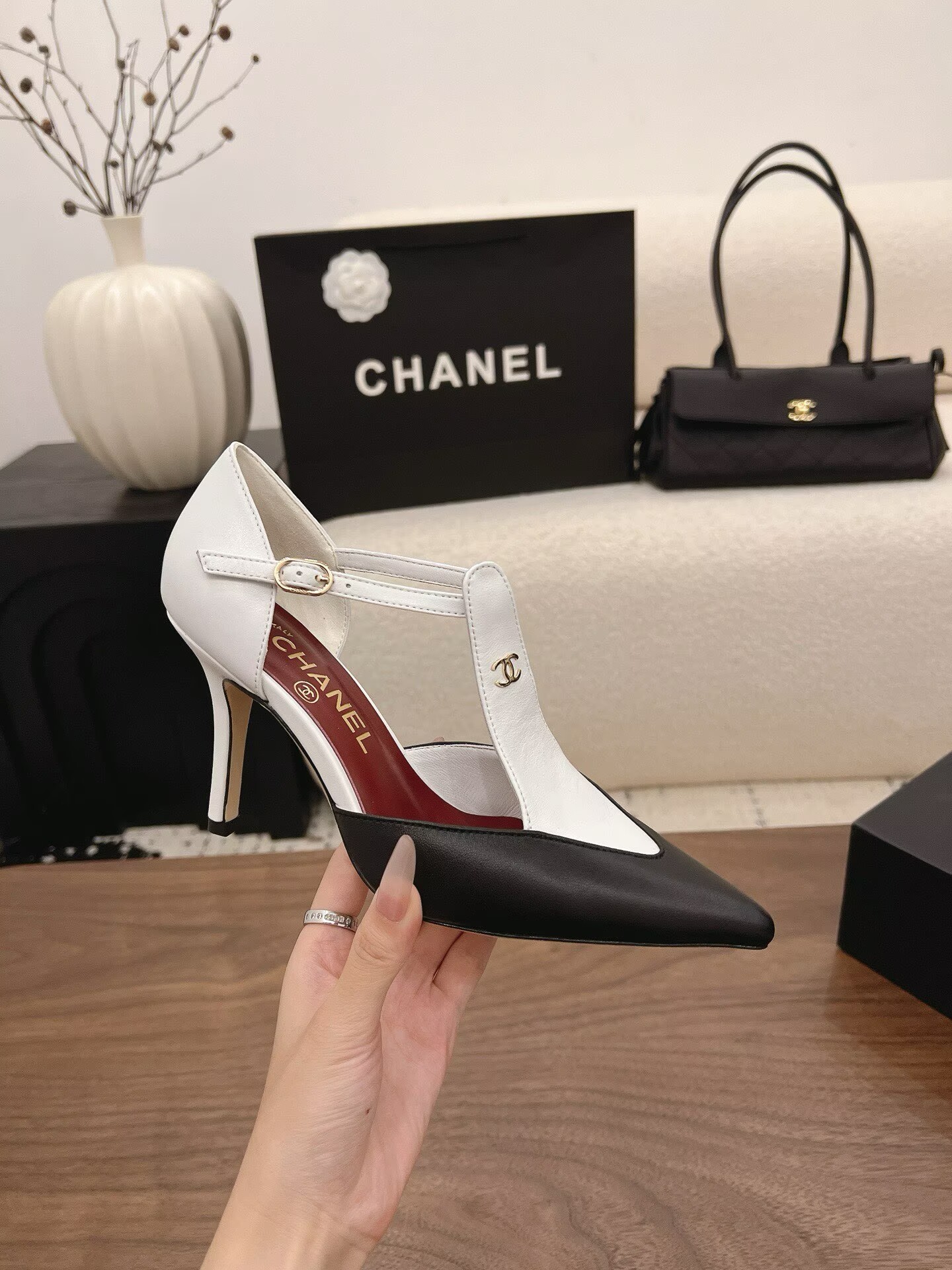 Chanel Lambskin Heels Shoes C30143 White&Black